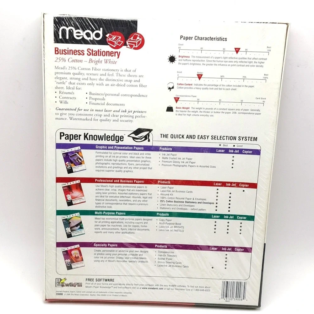 Mead Business Stationery Paper 25 Percent Cotton Bright White 100 Sheets 8.5x11